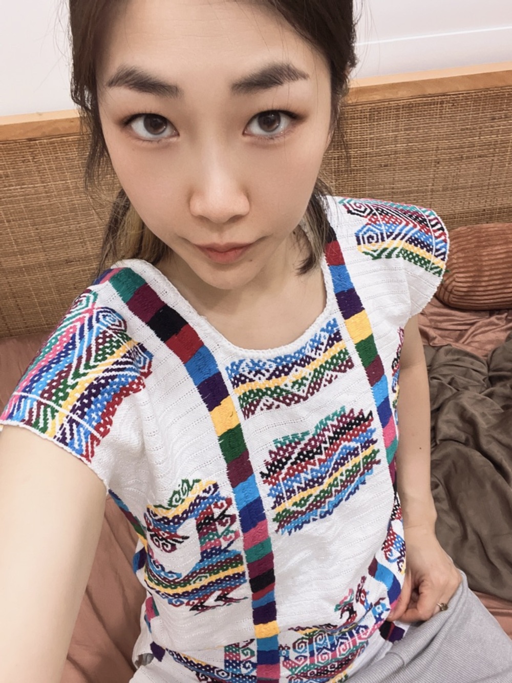 Handwoven White Embroidered Tank Top with Multicolor Trim
